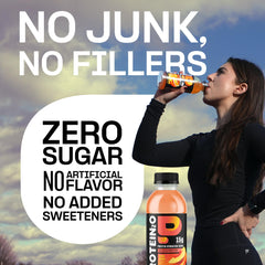 Glass with Protein2o Peach Mango demonstrates ready-to-drink convenience during activity.