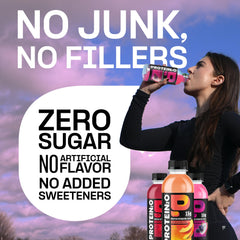 Protein2o Wild Cherry glass showcases refreshing flavor with zero sugar.