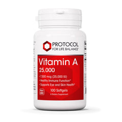 PROTOCOL FOR LIFE BALANCE Vitamin A 25,000 IU bottle with softgels highlighting eye support potential