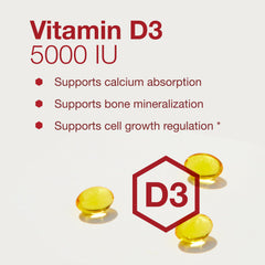 PROTOCOL FOR LIFE BALANCE Vitamin D3 5000 IU softgels close-up highlighting compact supplement form.
