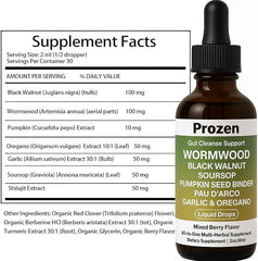 PROZEN botanical blend ingredients panel features wormwood, black walnut, and clove.