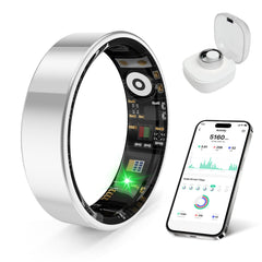 The prxxhri smart health ring on a finger with a size guide for comfortable wear.