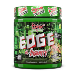 Psycho Pharma Edge of Insanity tub front shows bold preworkout formula for intense sessions.