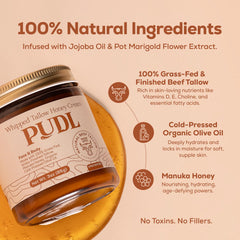 PUDL Manuka honey and olive oil ingredients collage highlighting natural nourishment.