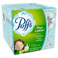 Puffs Plus Lotion tissues cube pack highlighting convenient six box bundle for households.