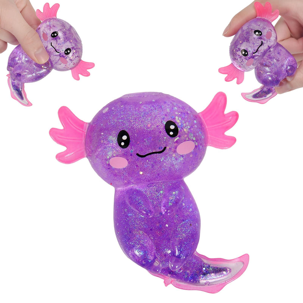 Puffwize Axolotl glitter squishy toy in purple for stress relief and focus.