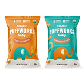 Puffworks Baby Peanut and Almond Variety Pack in a box for easy, pocket-size snacks.