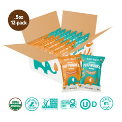 Puffworks Organic Ingredients label highlights organic, non-GMO verification.