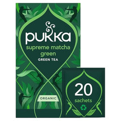 Close-up of Pukka Supreme Matcha Green tea bags highlighting two-chamber design for rich flavor in every cup.