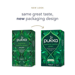 Two-chamber Pukka Supreme Matcha Green tea bag ready to steep for full flavor.