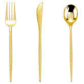 PULOTE gold plastic silverware set overview, a stylish disposable choice for celebrations.