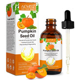 Pumpkin seed oil bottle closeup showing pure, cold-pressed formula for hair and skin.