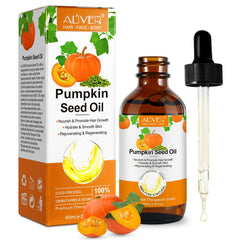 Pumpkin seed oil bottle closeup showing pure, cold-pressed formula for hair and skin.