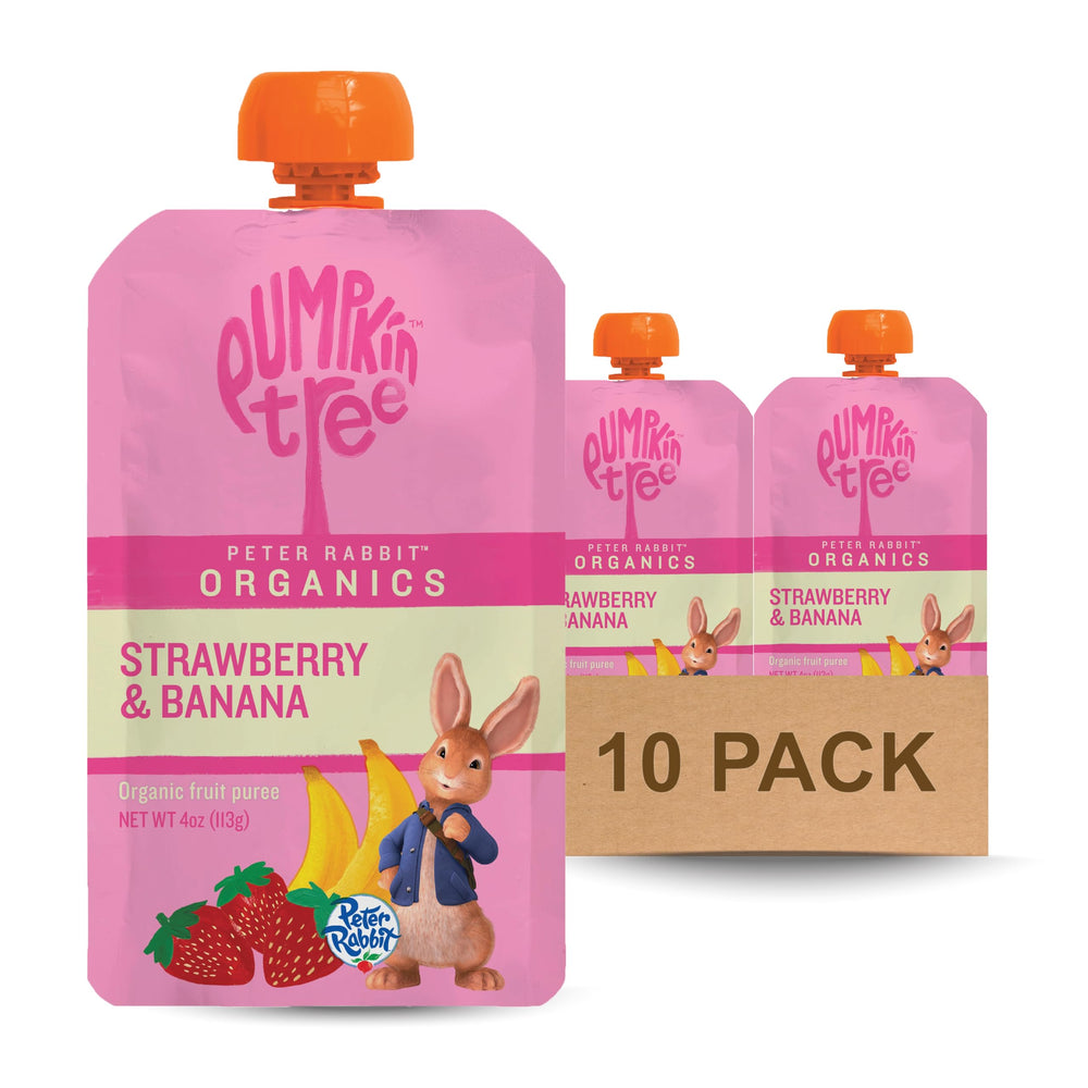Pumpkin Tree Peter Rabbit Organic strawberry banana snack pack on shelf, convenient for lunchboxes.