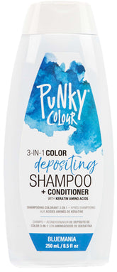 Punky Bluemania bottle closeup with color-depositing formula for blue hair.