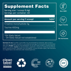 Puori Creatine Monohydrate and Taurine ingredients label emphasizes purity.