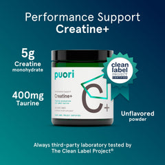Puori Creatine powder scoop beside water for an easy daily pre-workout mix.