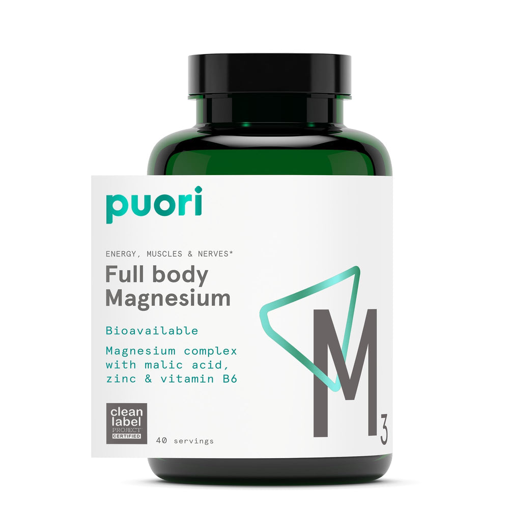 Puori Magnesium Complex bottle front showing vegan capsules for daily energy support.