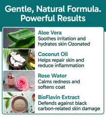 Pup Labs K9 Soothe ingredients panel with aloe, rose, and coconut for soothing care.