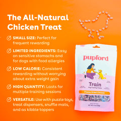 Pupford freeze-dried chicken treats close-up – simple two-ingredient formula for healthy snacking.