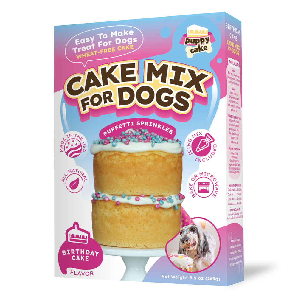 Puppy Cake wheat-free cake mix box shows all natural ingredients for dogs.