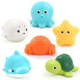 Puptily bath toys six-pack with soft squeezable figures that float in water