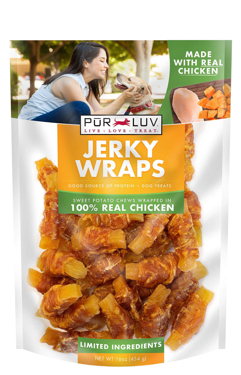 Pur Luv chicken wrapped sweet potato treat pack shows real chicken flavor and chew satisfaction.