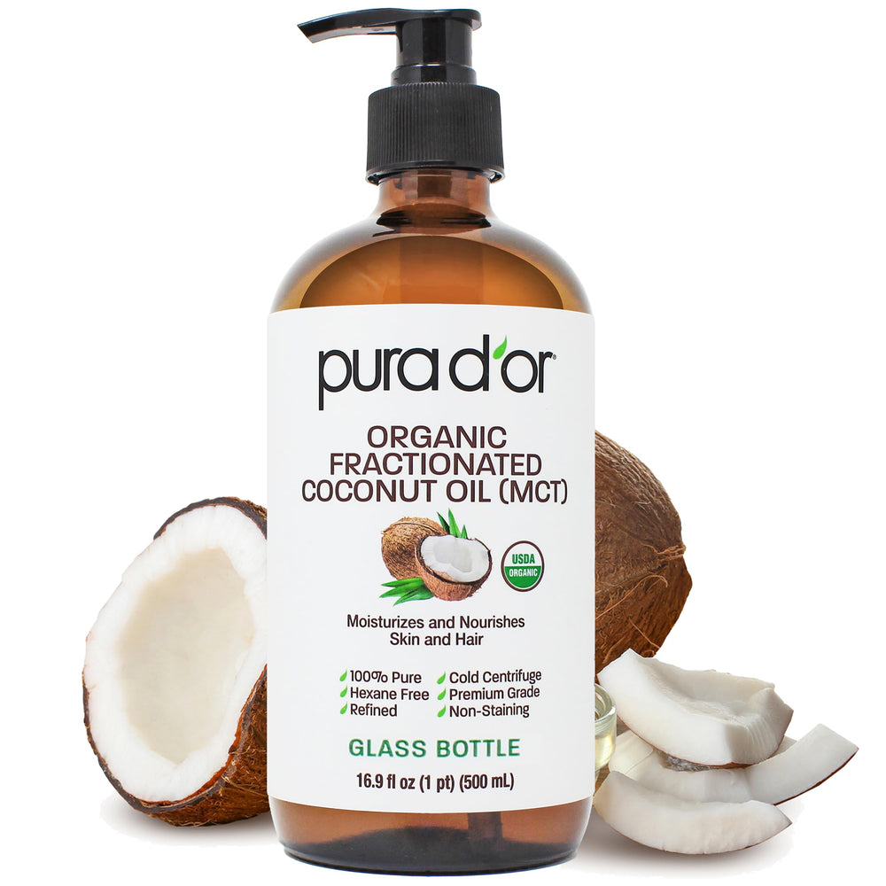 PURA D'OR fractionated coconut oil bottle highlighting premium glass packaging and hydration.