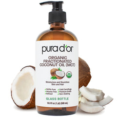 PURA D'OR fractionated coconut oil bottle highlighting premium glass packaging and hydration.