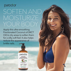 PURA D'OR fractionated coconut oil texture close-up shows light, non-greasy absorption.