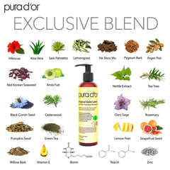 PURA D'OR Original Gold Label shampoo label closeup highlighting natural ingredients for healthier scalp.