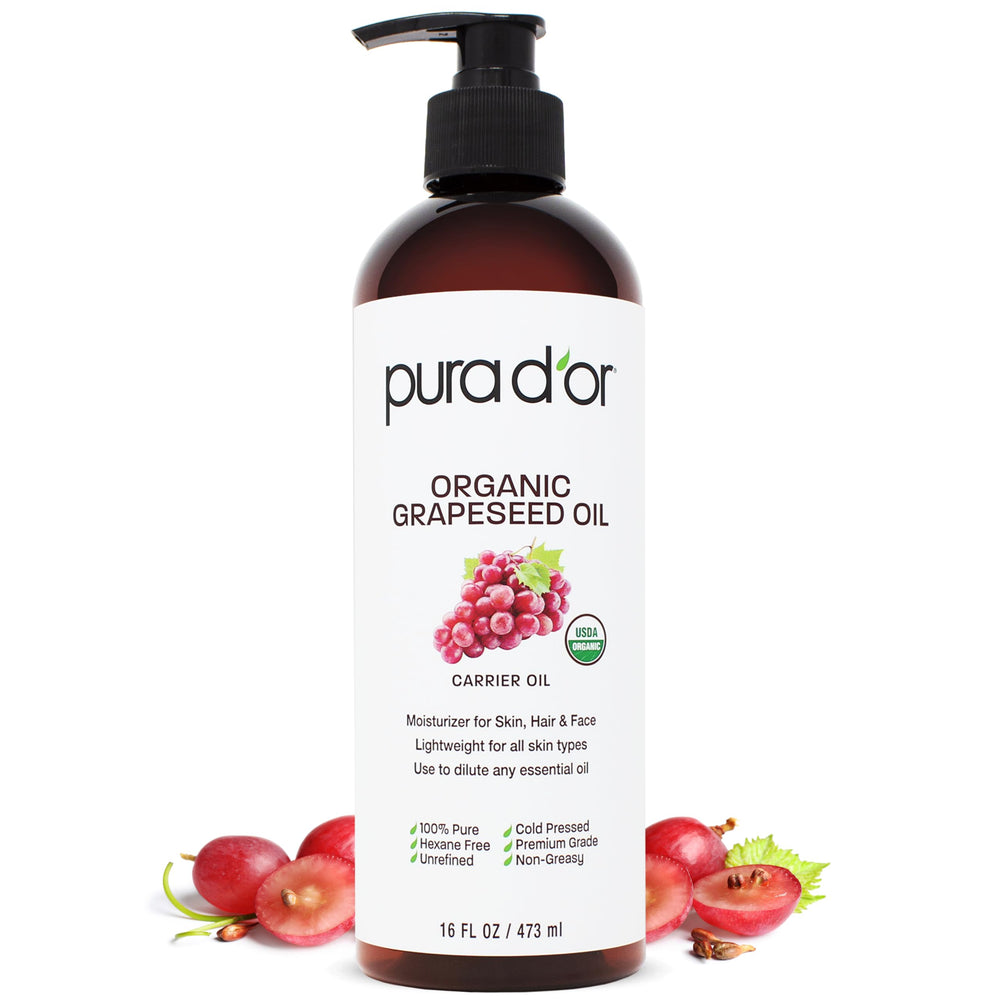 PURA D'OR Grapeseed Oil bottle for light, fast-absorbing skin and hair care.