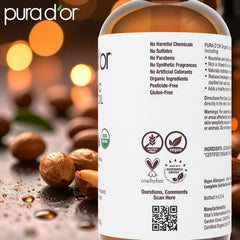 PURA D'OR Jojoba Oil for nails and hair care, versatile daily use.