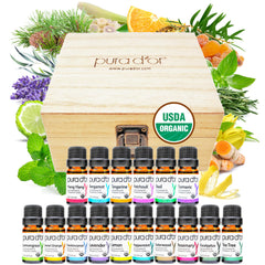 PURA D'OR Sweet16 wooden box display offers premium oils for home diffusion.