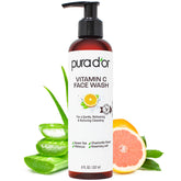 PURA D'OR Vitamin C Face Wash bottle closeup highlighting antioxidant protection for radiant skin.