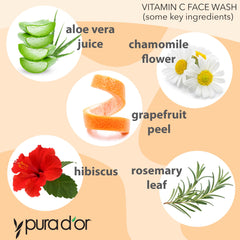 PURA D'OR Vitamin C Face Wash with Green Tea highlights natural antioxidant blend for brightening.