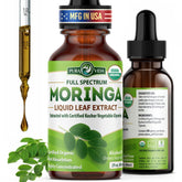 PURA VIDA Moringa Leaf Extract Liquid Bottle showing single-origin content for daily wellness