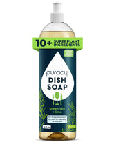 Puracy natural dish soap bottle closeup highlighting plant-based formula for gentle cleaning