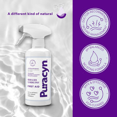 Puracyn Plus spray action demonstrates non-stinging application for wound care.