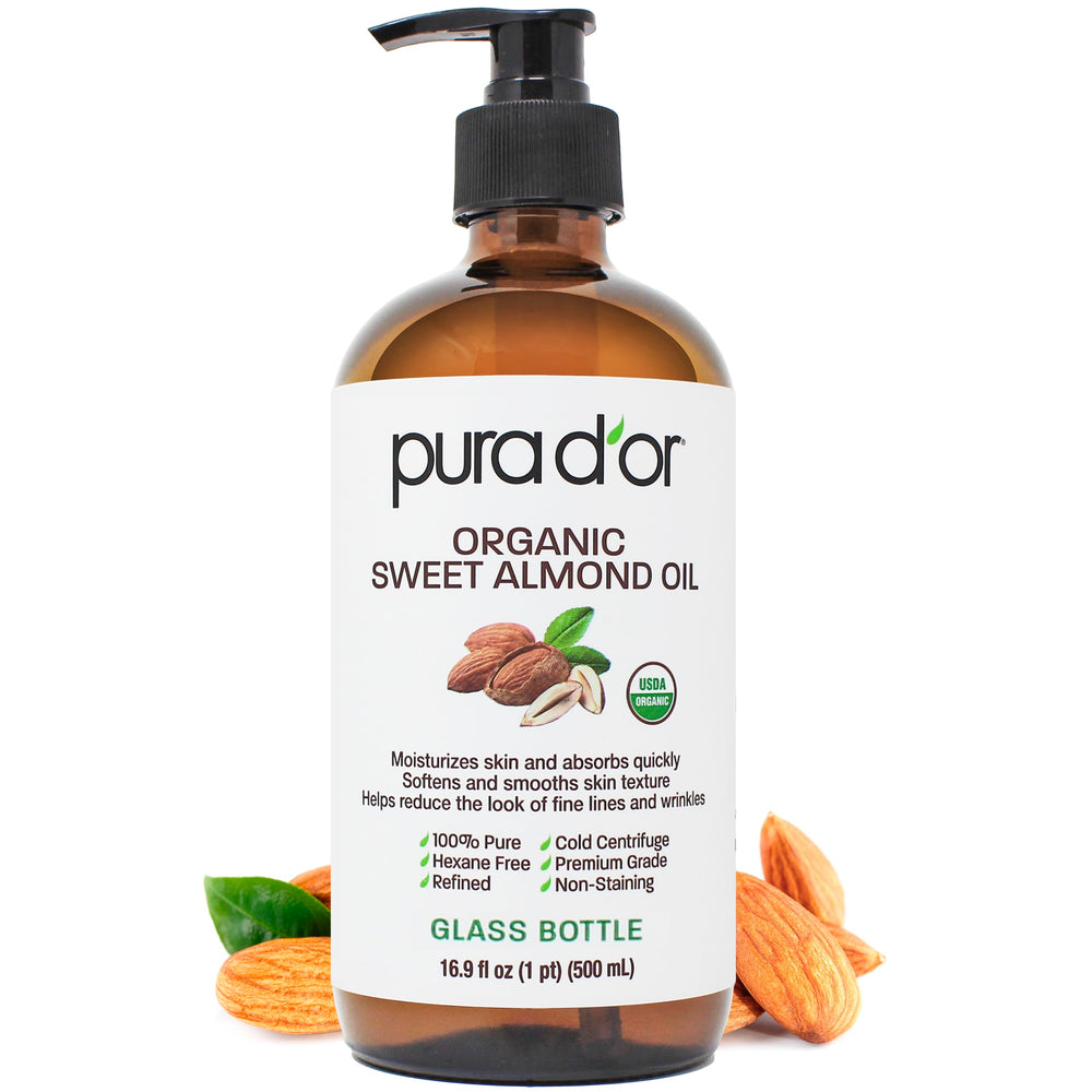 PURA D'OR Organic Sweet Almond Oil glass bottle ready for DIY skincare use.