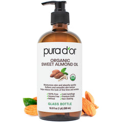 PURA D'OR Organic Sweet Almond Oil glass bottle ready for DIY skincare use.
