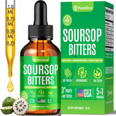 Purafina Soursop Bitters bottle on kitchen shelf for daily detox and gut balance.