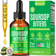 Purafina Soursop Bitters bottle on kitchen shelf for daily detox and gut balance.
