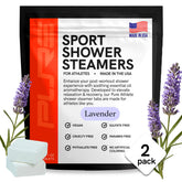 Pure Athlete lavender packaging showcases aromatherapy-ready design in the shower.