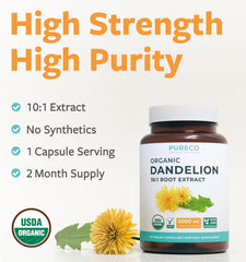 Pure Co dandelion root extract bottle label close-up highlighting organic quality