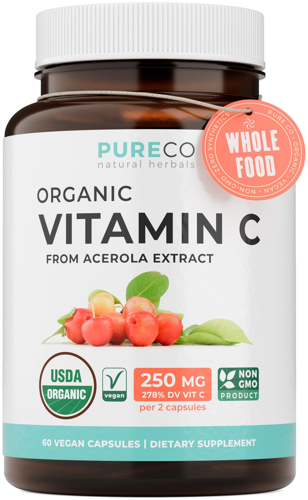 Pure Co vitamin C bottle on a shelf, supporting daily immune wellness.