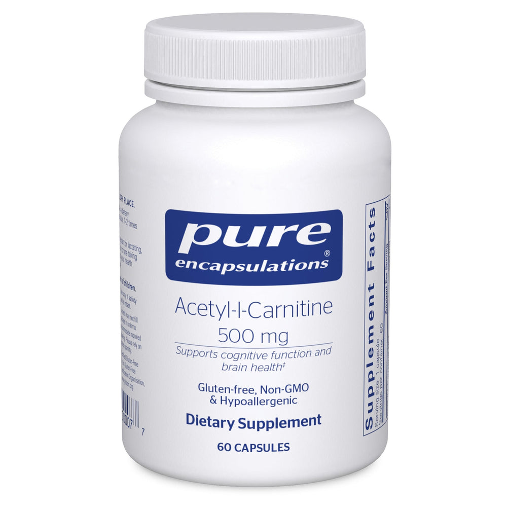 Pure Encapsulations Acetyl-L-Carnitine 500 mg bottle suggesting focus support.