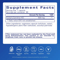 Close-up of Pure Encapsulations Acetyl-L-Carnitine 500 mg capsules for daily brain support.