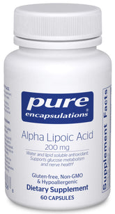 Pure Encapsulations Alpha Lipoic Acid 200 mg bottle for vegan antioxidant support.