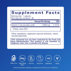 Close-up of Pure Encapsulations ascorbic acid capsules showing high-potency Vitamin C per capsule
